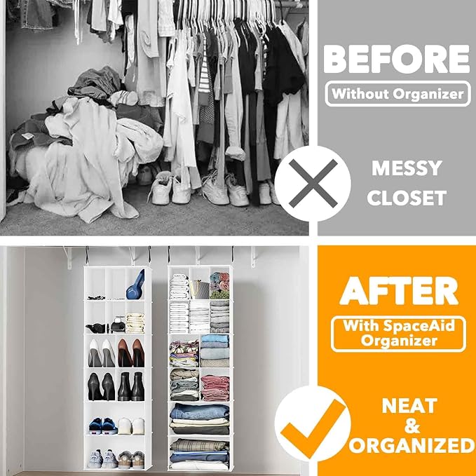 SpaceAid 2 Pack Hanging Closet Organizer and Storage with Dividers, 24 Compartments Hanging Shoe Shelves for Closet, Wardrobe, RV, Garment Rack - White - Image 3