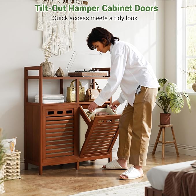 Homykic Tilt Out Laundry Hamper Cabinet, Bamboo Laundry Organizer, Walnut - Image 4