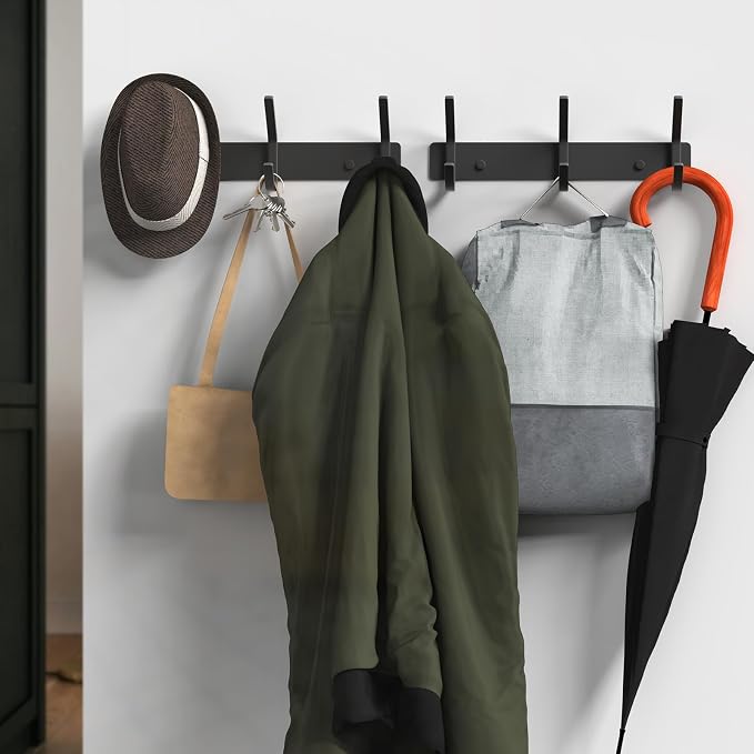 VAEHOLD 2PACK Coat Hooks Wall Hook for Hanging Clothes Robes Towels Hats Heavy Duty Coat Hanger Coat Rack Wall Mount with 3 Hooks - Black - Image 6