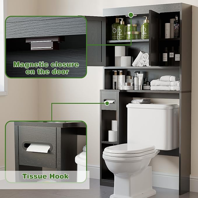 Over The Toilet Storage Cabinet with 7 Shelves, Imitation Walnut Grain Above Toilet Bathroom Organizer with Toilet Paper Holder Stand, Space Saver for Restroom, Laundry, Bathroom (Black) - Image 7