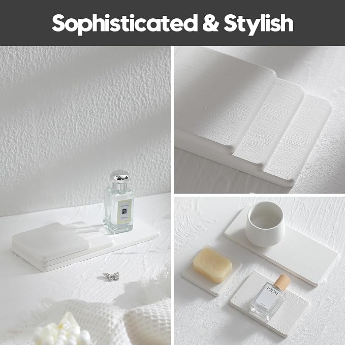 Razborci 3PCS Bathroom Sink Vanity Trays, Quick Stone Drying Mat Dish Soap Dispenser Sponge Holder for Kitchen Counter, Diatomaceous Earth Water Absorbing Caddy Organizer, White - Image 6