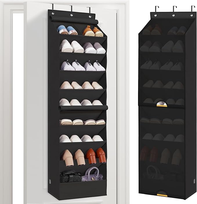 STORAGE MANIAC Over the Door Shoe Organizer with Curtain Dustproof Heavy-Duty Large Deep Pocket Hanging Shoe Organizer for Closet Dorm & Narrow Door Storage Shoe Holder Shoe Rack, 9-Shelf Black 1 Pack by STORAGEMANIAC