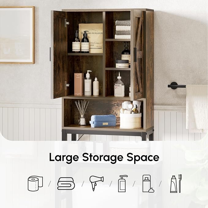 USHOWER Brown Over The Toilet Storage Cabinet with Barn Doors - Image 6