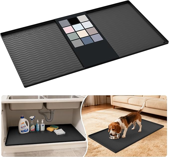 URMONA Waterproof Silicone Under Sink Mat 40'' x 22'' Shelf Liner for Kitchen and Bathroom, Cabinet and Counter Protector, Storage and Organizers, Litter Mat, Pet Cat Puppy Essentials(Black) by URMONA