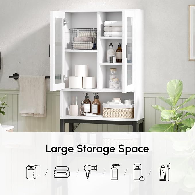 USHOWER White Over The Toilet Storage Cabinet with Glass Doors - Image 6