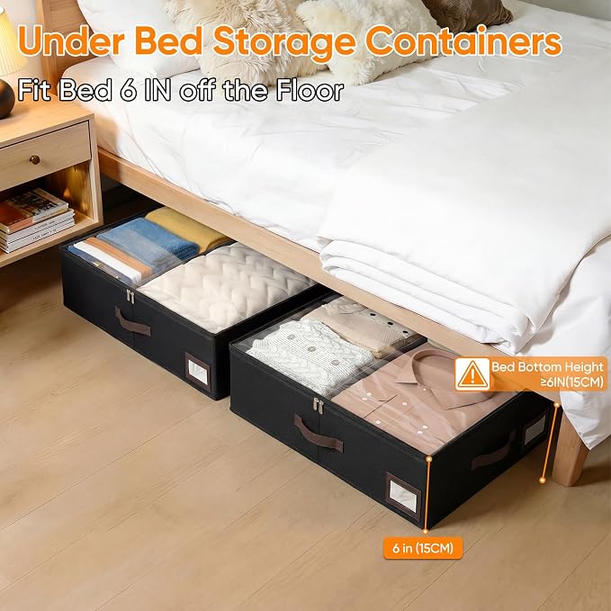 OIAHOMY 2 Pack 38L Under Bed Storage with Adjustable Dividers, 6" Low Profile Underbed Storage Bins for Comforters & Clothes, Save Closet Space with Clear View Lid & Reinforced Handles, Black - Image 4