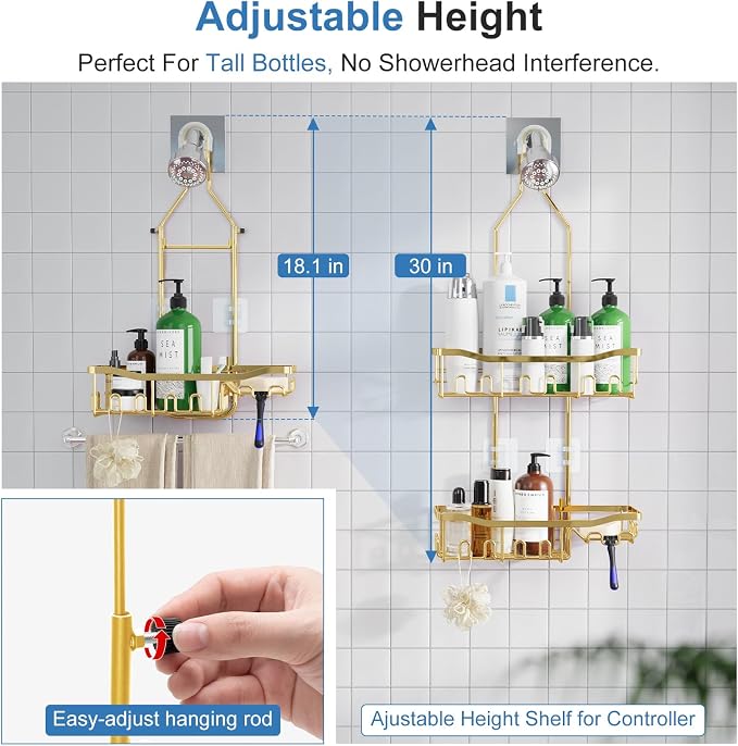 Shower Caddy, Extended Length Shower Organizer with Hooks, Rustproof Shampoo Soap Holder, Large Hanging Bathroom Caddy, Gold - Image 4