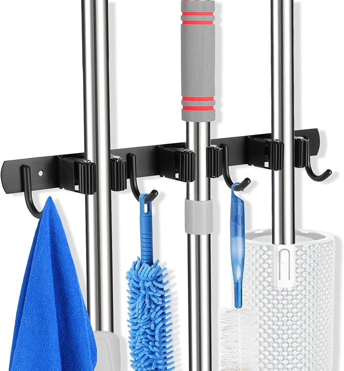 voze 3 Racks and 4 Hooks Mop and Broom Holder Wall Mount, Self Adhesive Heavy Duty Broom Organizer Storage Tool Racks for Kitchen Garden Laundry Garage by voze