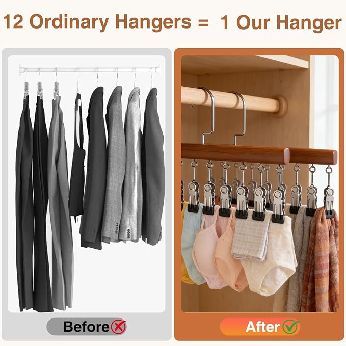 Closet Organizer with 12 Clips, Space Saving Hangers for Clothes, Hanging Closet Organizers and Storage, Wooden Socks Hats Pants Hangers with Clips, for Small Room Organization (2 Pack) - Image 3
