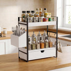 Kottwca 2-Tier Bathroom Counter Organizer with Drawer, Basket & Hooks, Wooden Vanity Shelf for Skincare, Perfume & Makeup Storage(White) - Image 6