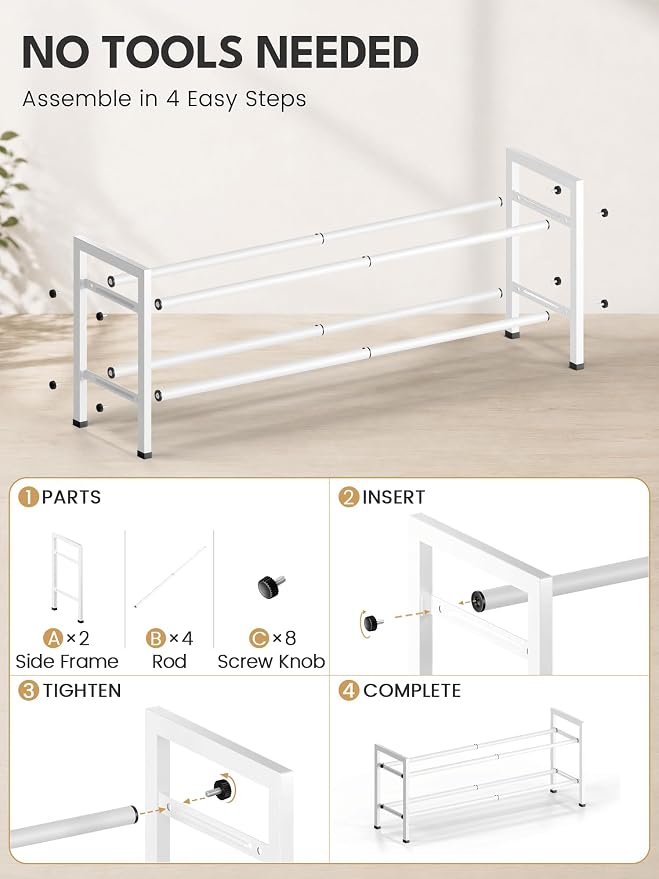 Bumusty 2 Tier Expandable Shoe Rack for Closet, White | 18"-33" Adjustable Shoe Rack for Entryway, Small Shoe Organizer for Dorm, Front Door, Sturdy Metal - Image 8