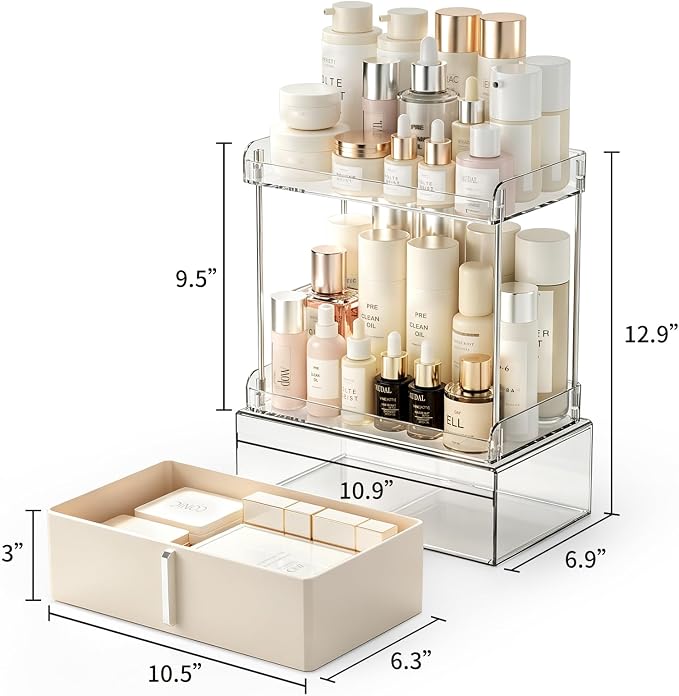 Pajiriona Makeup Organizer,Skincare Organizer for Vanity,2-Tier Large Capacity Cosmetic Storage Box for bathroom organizers and storage,Clear Cosmetic Display Case for Bedroom Countertop. - Image 4