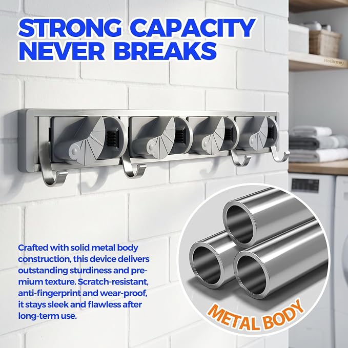 Holikme Mop Broom Holder Wall Mount Metal Pantry Organization and Storage Garden Kitchen Tool Organizer Wall Hanger for Home Goods (4 Positions with 4 Hooks, Silver) - Image 2