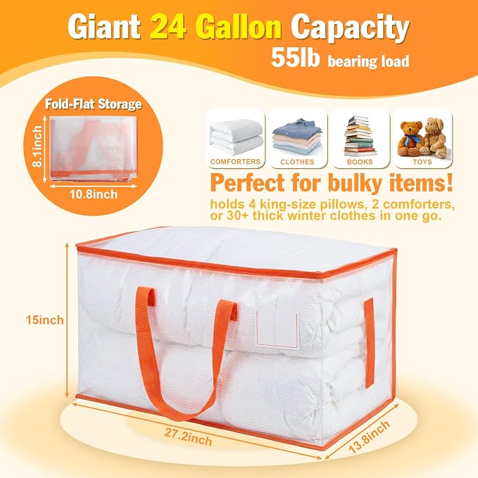 KYODOLED 2-Pack Clear Moving Bags Heavy Duty Extra Large, Storage Totes | Transparent, Reinforced Handles & Strong Zippers, Label Pocket, for College Dorm, Clothes, Bedding, Toys, Space-Saving - Image 2