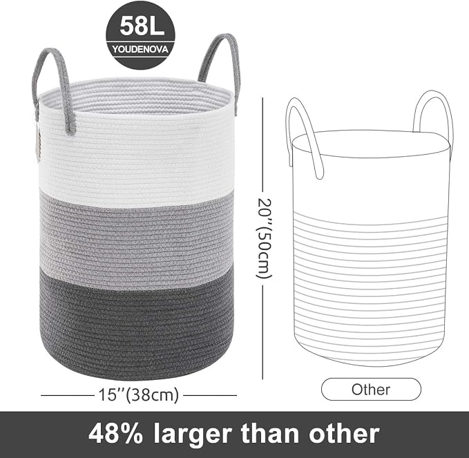 YOUDENOVA Cotton Rope Laundry Hamper Basket, 58L Blanket Basket for Nursery - Image 3