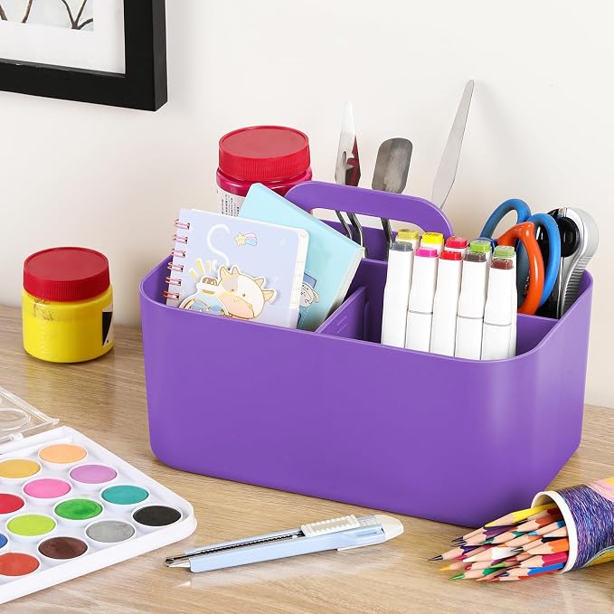Multiuse Caddy Organizer with Handle, Portable Divided Plastic Tote Bin - Art Craft, Stationary Pen Marker Crayon, Makeup Hair Supplies Storage - Bathroom, Classroom, Dorm, Office, Desk Holder -Purple - Image 4