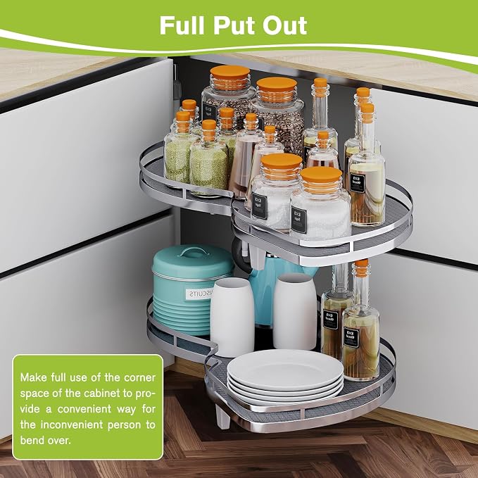 Blind Corner Cabinet Pull Out Organizer, Soft Close Swing Right Pull Out Cabinet Organizer 30inch, Corner Cabinet Lazy Susan for Blind Shelf, 2 Tiers Tray, Adjustable Height - Image 6