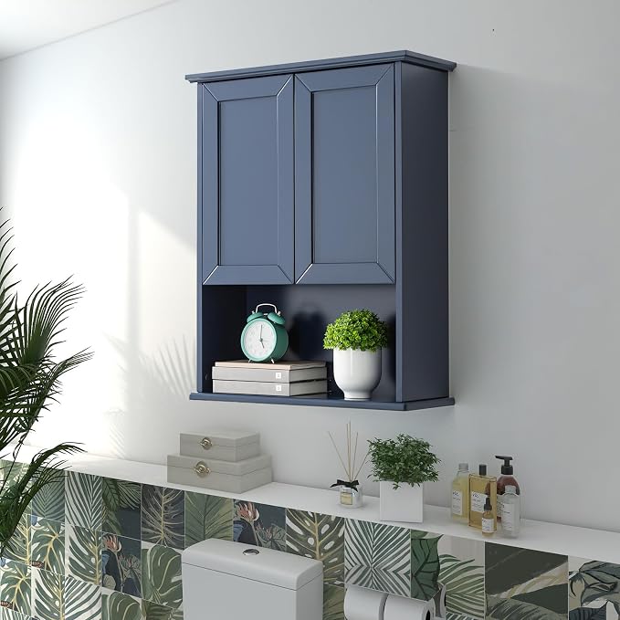VANIRROR Navy Blue Bathroom Cabinet Wall Mounted W/ 2 Door Adjustable Shelf - Image 8