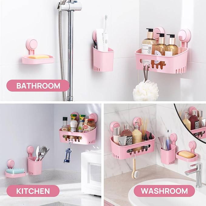 LEVERLOC Shower Caddy Suction Cup Set Shower Organizer & Soap Holder, Pink - Image 8
