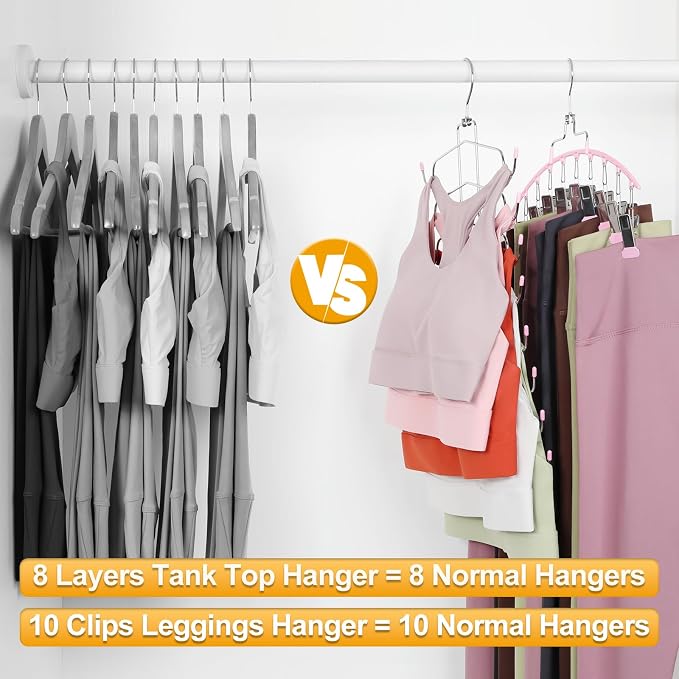 TOPIA HANGER 4 Pack Gym Clothes Organizer, 2 Pack Tank Top Hangers with 2 Pack Leggings Hangers Space Saving Hang 20 Sets Tank Top Bra with Leggings Shorts Pants for Closet Women Pink CT78P - Image 5