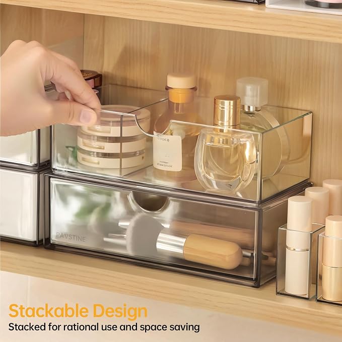 PAVSTINE Medicine Cabinet Organizer 2 Pack, Stackable Storage Drawers with Removable Divider, Make Up Organizer for Bathroom Mirror Cabinets, Vanity, Closet, Countertop - Clear - Image 5