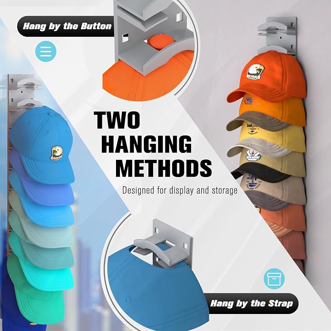 Hat Organizer for Baseball Caps 2Pack, Hat Rack for Wall with Strong Adhesive Hold up to 20 Hats, Hat Hanger Holder Display for Door Closet, Cap Organizer Storage Multilayer Two Mounting Option(Grey) - Image 4