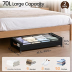 Yecaye 70L Large Under Bed Storage Containers with Wheels, 2 Pack, Black | Larger Capacity, 360° Rolling Wheels, Clear Window & Label, Sturdy Fabric, Rolling Metal Drawers for Clothes, Shoes, Blankets - Image 2