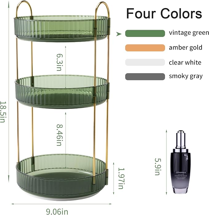 YCIA&DONE 360 Rotating Makeup Organizer and Storage for Vanity Countertop 3 Tiers, High Capacity Cosmetic Skincare Perfume Organizers for Dresser Bathroom Lazy Susan (Vintage Green) - Image 3