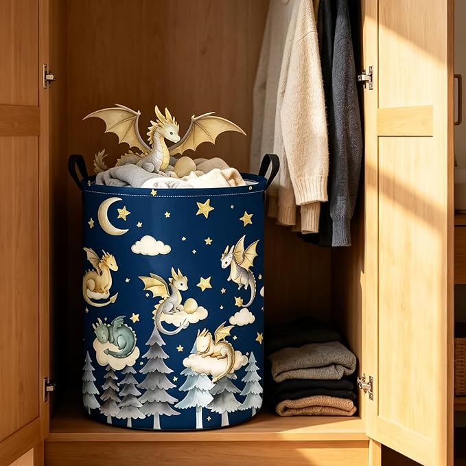 Round Dragon Print Waterproof Foldable Household Laundry Hamper - Image 8