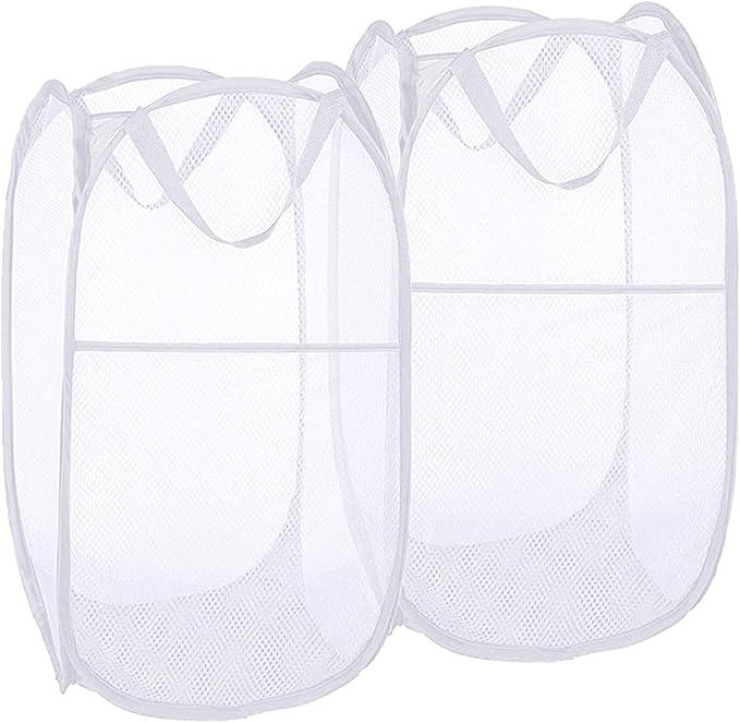 Pack of 2 Pop Up Laundry Hampers, Collapsible Mesh Laundry Baskets, Foldable Clothes Hampers for Bathroom, College Dorm, Travel (White) by Buenod