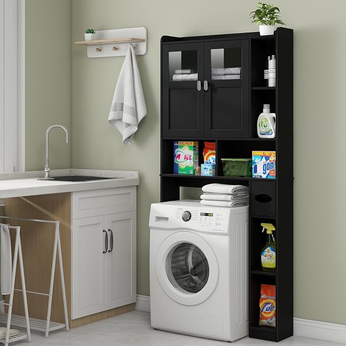 Vabches Over The Toilet Storage Cabinet with Doors and Shelves, Black - Image 4