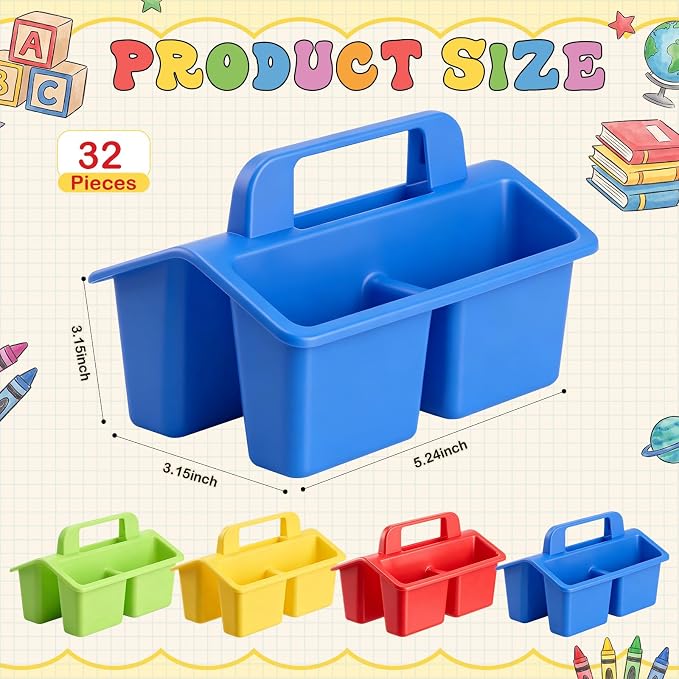 Hushee 32 Pack Mini Classroom Caddy with Handle 3 Compartments, 4 Color - Image 2