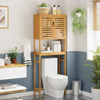 VIAGDO Over The Toilet Storage Cabinet, Tall Bathroom Cabinet Organizer with Cupboard and Adjustable Shelves, Freestanding Toilet Shelf Space Saver Rack Stand for Laundry Room, Balcony, Bamboo - Image 5