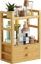 AmazerBath Bamboo Bathroom Counter Organizer, 2-Tier Makeup Organizer with 2 Drawers, Vanity Organizer Storage Coffee Matcha Station, Compact Shelf for Bathroom Kitchen Office Countertop by AmazerBath