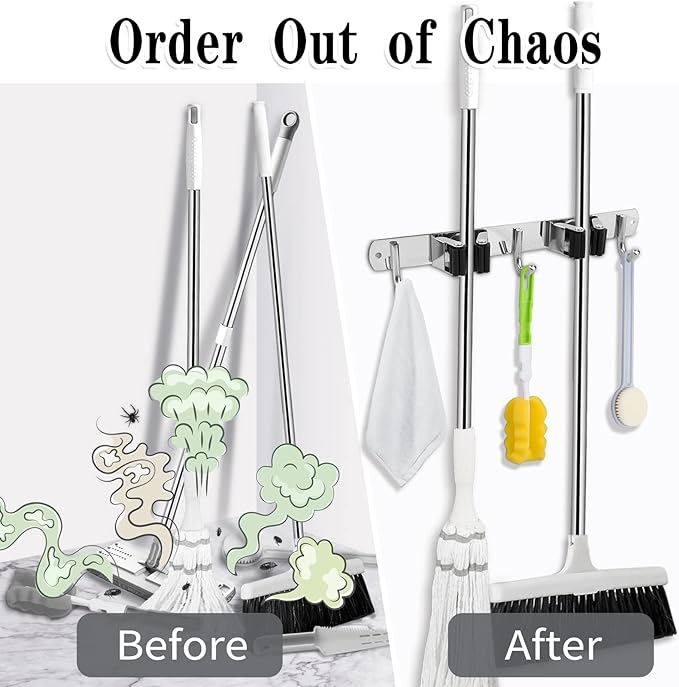AceMining Broom Holder Wall Mount, 2 Racks 3 Hooks Heavy Duty Mop Organizer - Image 5