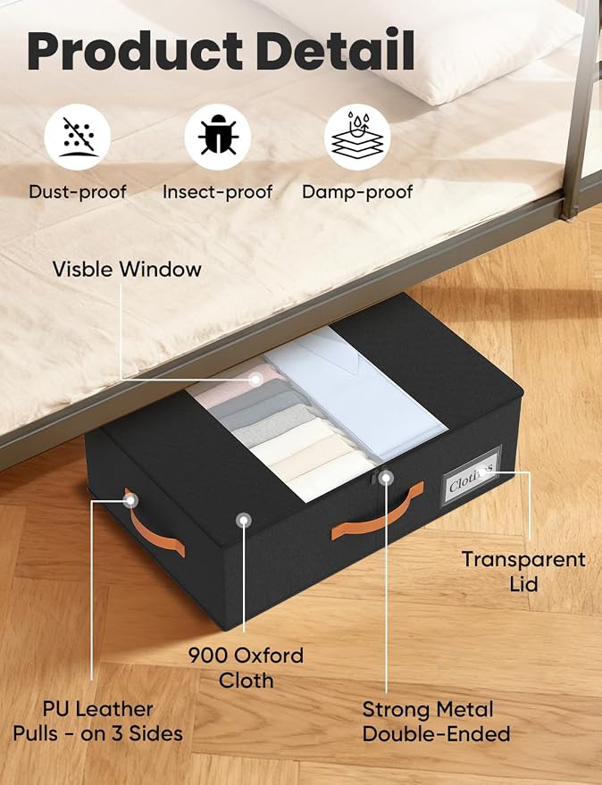 TOSKING 2-Pack Under Bed Storage Bins with Wheels, 4 Vacuum Bags, Heavy Duty 80 lbs, 7.9" Height, 47L Clear Lid Organizer, Space Saver for Dorm Bedroom Clothes Shoes Toys, Quick Assembly, Black - Image 8