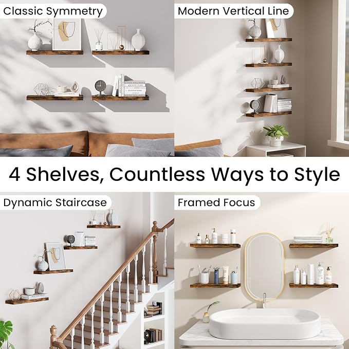 BAYKA Rustic Brown Floating Shelves 15.7in, Set of 4, Wall Mount Wood Shelf - Image 9