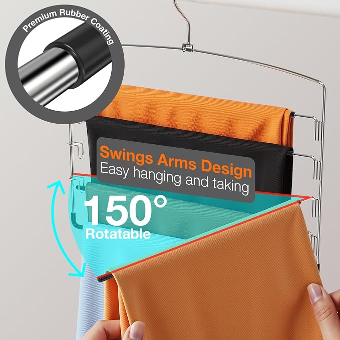 Korpai 6-Pack Pants Hangers Space-Saving Multi-Layer,150° Rotate Metal Swing Arm Non Slip Rubber Coating,Closet Organizers and Storage 360 Swivel Top Hook for Jeans,Trouser,Slacks,Skirt,Scarfs,Towels - Image 3