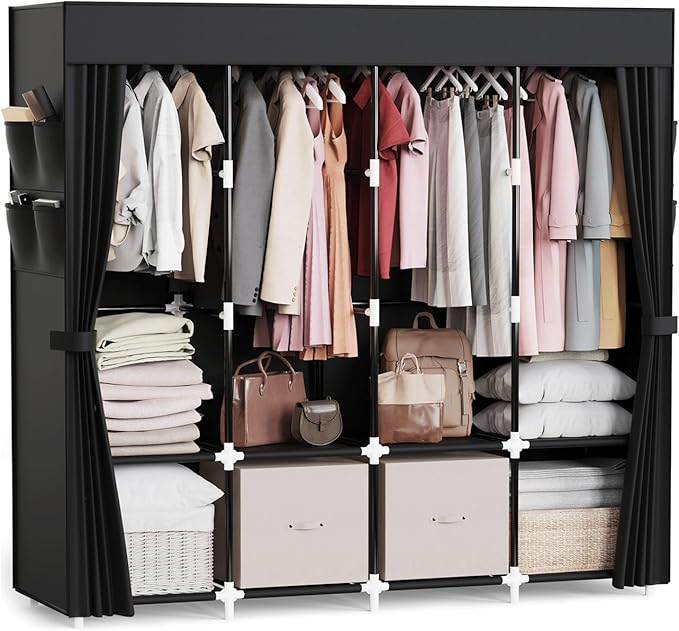 Mavivegue Clothes Organizer with 4 Hanging Rods, Portable Closet Wardrobe, Non-Woven Fabric Cover, Large Capacity Storage for Bedroom and Living Room,Black, 67" W x 17" D x 67" H by Mavivegue
