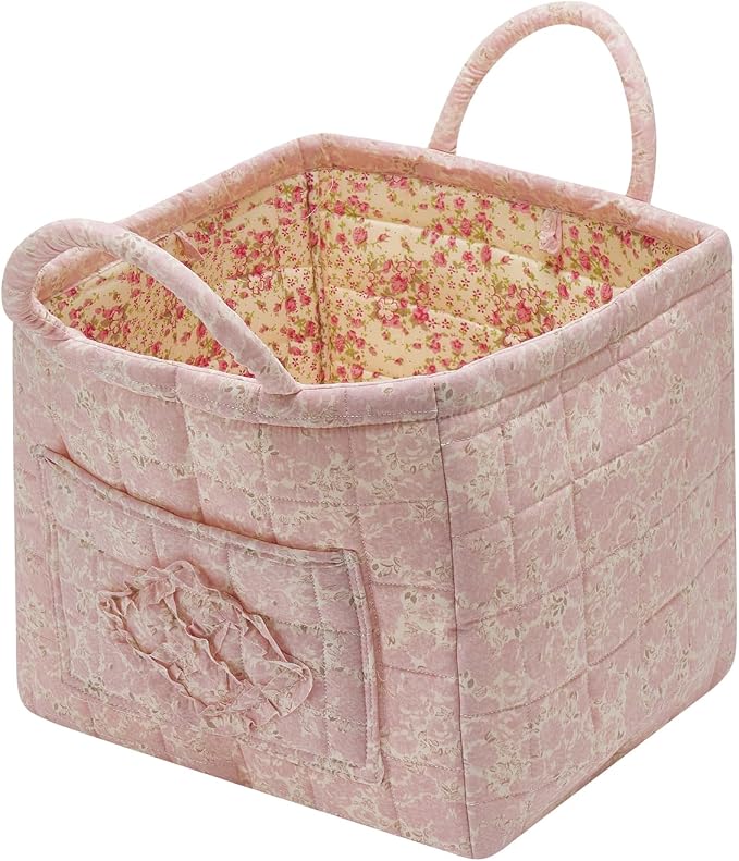 Quilted Fabric Storage Basket with Handles & Pocket, Foldable Laundry Hamper Boho Floral Print Organizer Bin for Home, Picnic, Office 12"x10"x10" (A-4) by Unknown