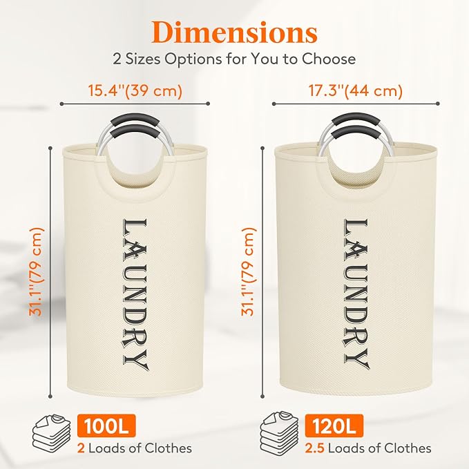 Lifewit 2 Pack 120L Laundry Basket with Aluminum Handles, White - Image 2