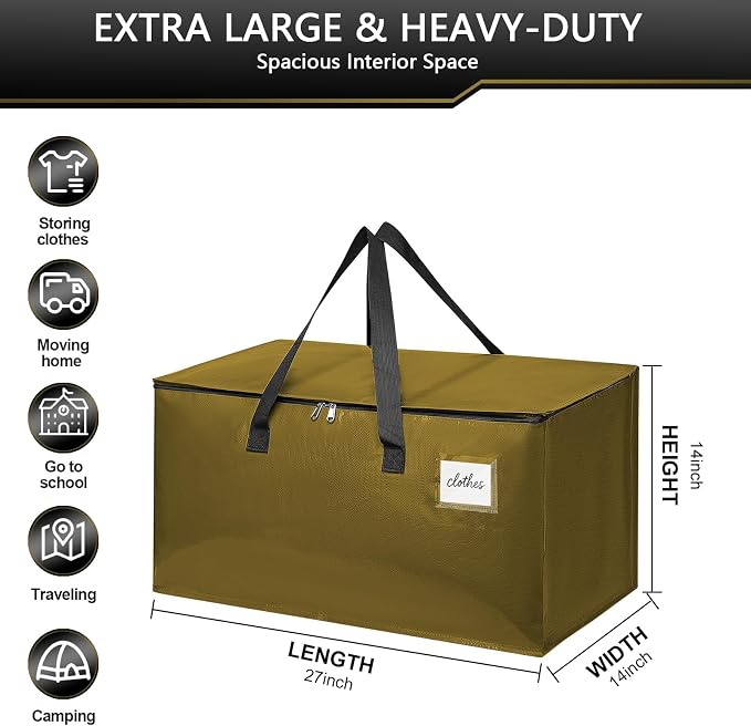 Moving Bags Heavy Duty for Packing and Storage, Large Capacity Zippered Tote with Handles, Reusable Organizer Bag – Gold Khaki - Image 2