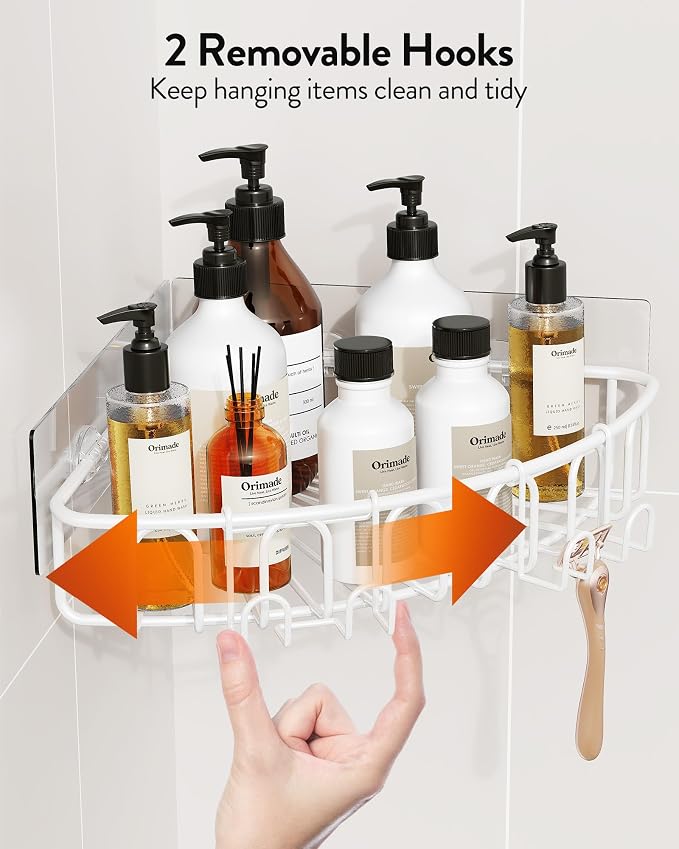 Orimade Corner Shower Caddy with 2 Hooks Wall Mounted Metal Bathroom Shelf Storage Organizer Adhesive No Drilling 2 Pack, White Only for 90-Degree Corner - Image 6