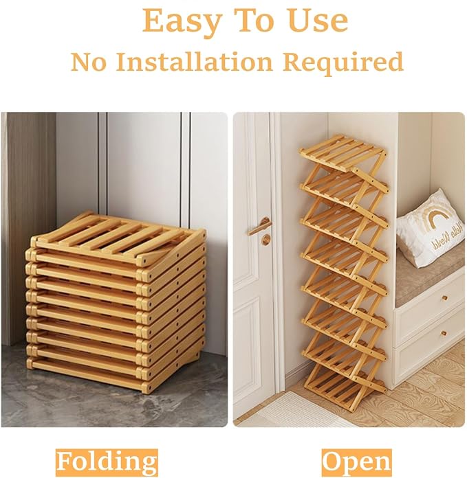 7 Tier Foldable Shoe Rack, Bamboo Vertical Shoe Organizer Tall for Multifunctional Narrow Shoe Shelf for Entryway, Closet, Corner, Bedroom, Hallway(Natural) - Image 5