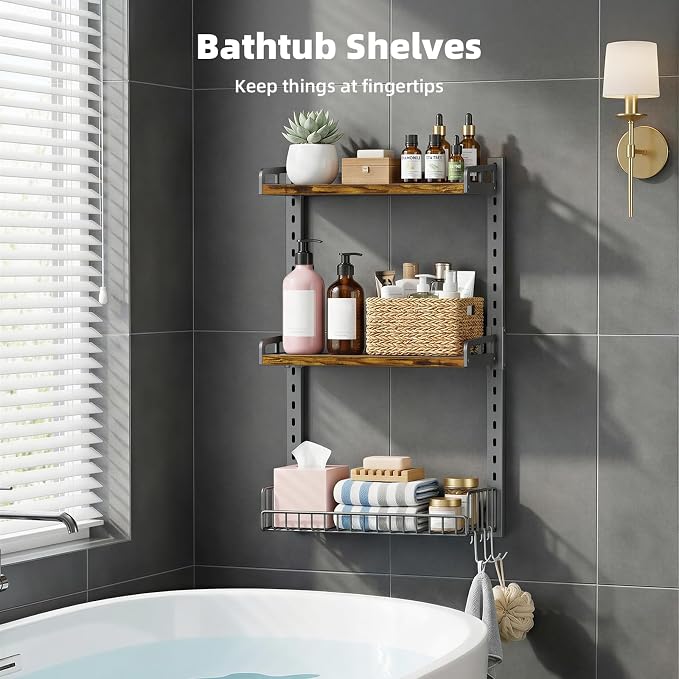 Kalrin 3 Tier Bathroom Shelves Over Toilet - Wall Mounted Floating Shelves with Drain Basket, Toilet Paper Storage, Height Adjustable Over The Toilet Storage, Vintage Brown - Image 3