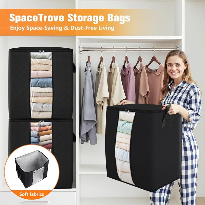 6 Pack Clothes Storage Bags 80L Blanket Storage Container with Window Black | Large Comforter Organizer for Closet, Bedding, Quilts, Sheets and Pillows, Foldable Storage Bags for Home Organization - Image 6