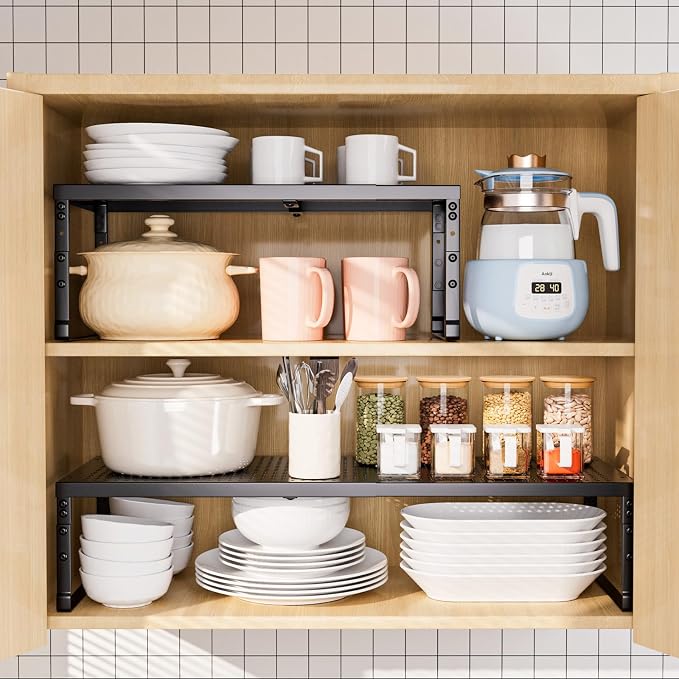 Expandable Adjustable Cabinet Shelf Organizer - Stackable Metal Spice Rack for Kitchen Pantry, Countertop, Cupboard & Bathroom (1Pack/Black,Large) - Image 9