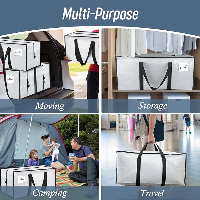 6 Pack Extra Heavy Duty Large Moving Bags with Strong Zipper, White | Comfortable Handles, Sturdy & Durable Clothes Storage Bags Totes Bins, Blue Packing Moving Boxes for College Supplies - Image 7