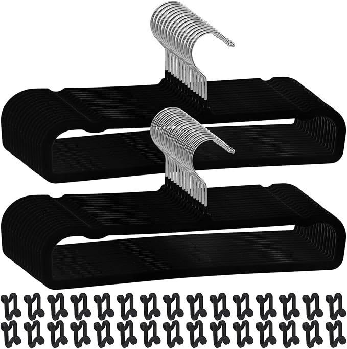 Pants Hangers Space Saving, 30 Pack Velvet Hangers for Closet with 30 Hooks, Strong Durable Non Slip Slim Clothes Hanger, Ultra Soft Flocked Hanger for Pants, Shirts, Bra, Shorts (Black) by Wensdr