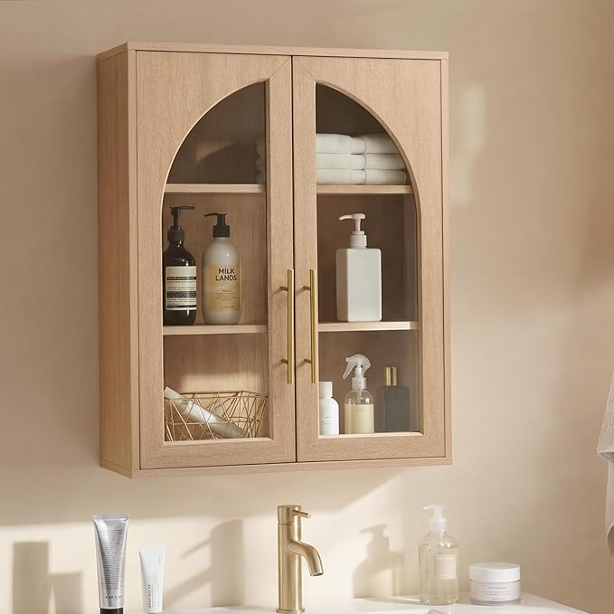 Bathroom Wall Cabinet, 23.5×31.4'' Storage Cabinet, Arched Cabinet Wall Mount with Adjustable Shelf & Glass Doors, Medicine Cabinet for Laundry Room, Bathroom, Kitchen, Living Room,Natural Oak,2PCS - Image 3